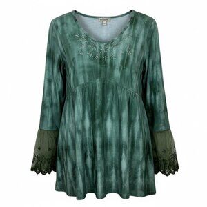 One World Blouse Sz Medium Empire Babydoll Waist Studded Tie Dye Knit Lace Cuff
